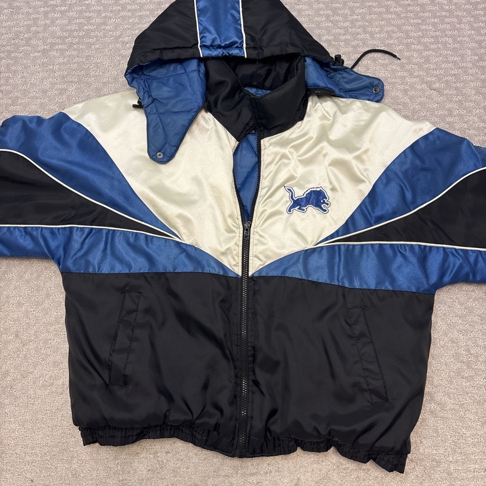 Vintage NFL Detriot Lions Pro Player Blue Winter Jacket Coat Mens L Puffer